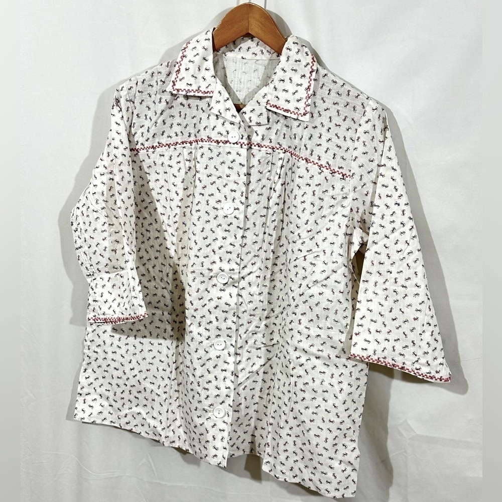 Vintage Cotton dress nightgown Red Ric Rac Trim Bow Print White Cottagecore